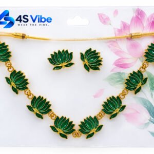 Green Lotus Necklace and Matching Earrings Set with Gold Tone Detailing – 4S Vibe